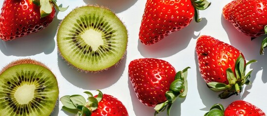 Poster - Copy space image featuring vibrant red strawberries and kiwi.