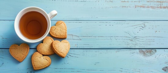 Aufkleber - Top view of heart-shaped cookies with a white cup of tea on a blue wooden surface in a copy space image.