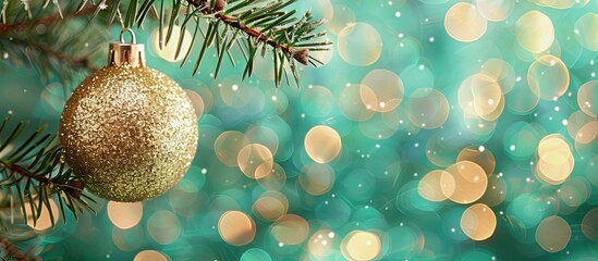 Poster - Copy space image showing a glistening golden Christmas ball hanging from an artificial fir branch against a sparkling green background.