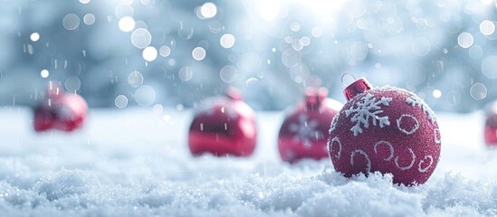 Wall Mural - A snowy Christmas-themed setting with selective focus showcasing Christmas balls on a white background with copy space image.