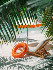 A beach scene with a white chair and an orange inflatable ring. Scene is relaxed and carefree, as it depicts a day at the beach