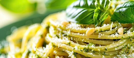 Aufkleber - Close-up of spaghetti pasta with pesto sauce, basil, pine nuts, parmesan, providing copy space image.
