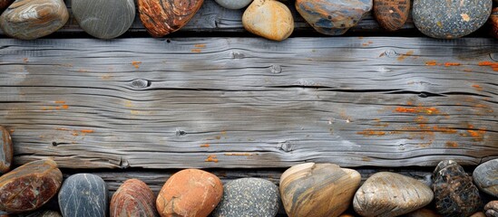 Poster - Wooden background with sea stones creating a frame, ideal for a copy space image.