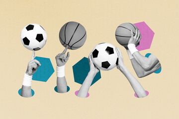 Sticker - Composite collage image picture of people arms hold football basketball isolated on creative background