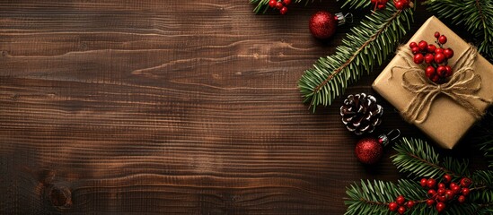 Fototapete - Wooden surface with fir tree branches, red berries, and a present box creating a festive Christmas and New Year background with copy space image.