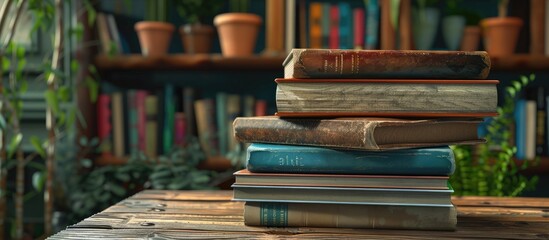 Aufkleber - A stack of hardback books displayed on a wooden table with a school theme, allowing for copy space image.