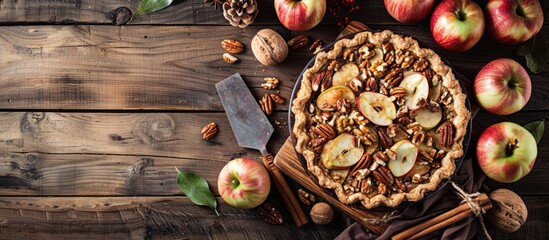 Poster - Delicious homemade whole wheat pie with apples, cinnamon, and a variety of nuts on a rustic wooden table with copy space image.