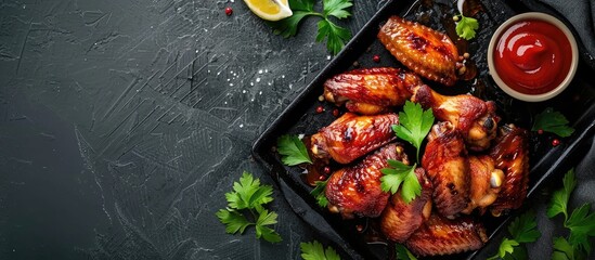 Poster - A top view of delicious grilled chicken wings in Mexican or Chinese style, served on a black metal tray with ketchup, featuring copy space for images.