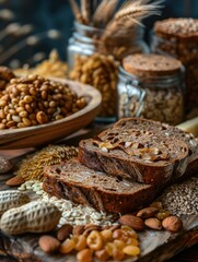 Wall Mural - A wooden cutting board with a loaf of bread and various nuts and grains on it