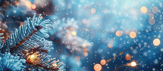 Aufkleber - Festive winter background with icy fir, sparkling lights, and bokeh, perfect for a copy space image.