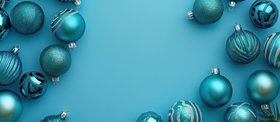 Poster - Beautiful Christmas balls creating a frame on a blue backdrop with a copy space image.