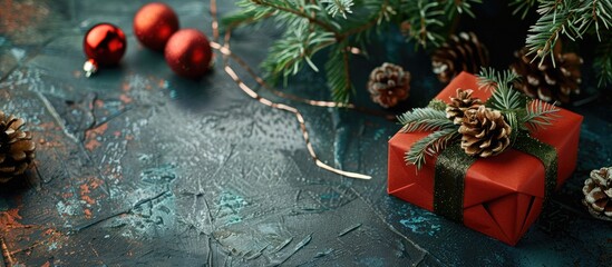 Poster - Festive Christmas gift box displayed on a stone table adorned with tree branches, cones, and ample copy space image.