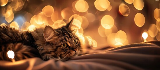 Aufkleber - Bokeh Christmas lights gently blurred in the background with a cat in the foreground, creating a cozy holiday atmosphere in the copy space image.