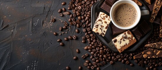Aufkleber - Flat lay featuring a coffee cup with biscotti in white and milk chocolate, surrounded by coffee beans, with copy space image included.