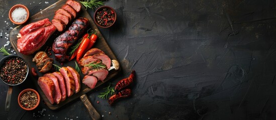 Aufkleber - Barbecue meat selection displayed on a dark backdrop, portraying a homemade food theme. Overhead view with copy space image.