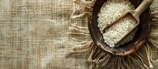 Poster - A top-view image with copy space featuring a wooden scoop and bowl filled with rice cereal on a textured sackcloth surface.