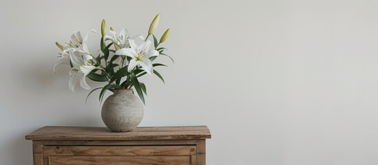 Aufkleber - Copy space image of a stunning lily bouquet in a vase on a chest of drawers beside a white wall.