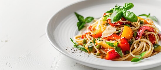 Poster - A dish of pasta topped with a colorful medley of vegetables and savory sauce on a clean white plate with a blank background, ideal for incorporating a copy space image.