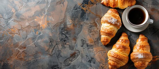 Poster - Croissants and coffee displayed elegantly on a textured stone table with ample copy space image.