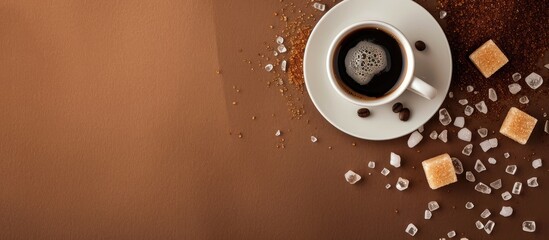 Aufkleber - White cup with black coffee or espresso and cane sugar crystal stick, set against a brown backdrop, with room for additional content, like a logo or text, in the image.