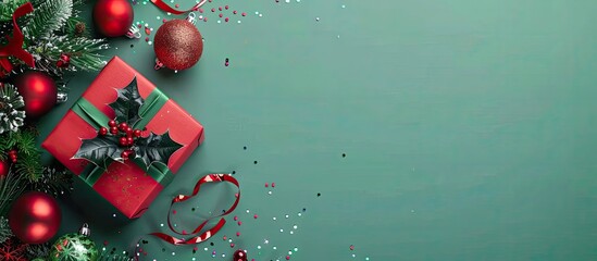 Poster - Top view of a red gift box and Christmas decoration on a green background with copy space image.