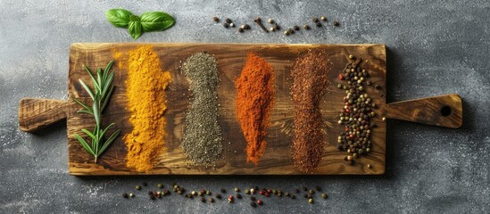 Poster - Flat lay image of spices arranged around a wooden cutting board on a textured gray tabletop, with a designated copy space for text.