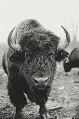 Wall Mural - a black and white photo of a buffalo with its horns raised. the buffalo is looking directly at the c