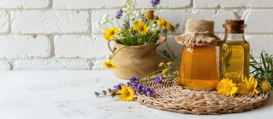 Poster - Honey and a variety of flowers displayed on a wicker mat with a white brick wall backdrop, perfect for a copy space image.