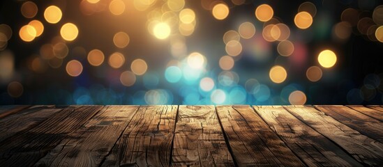 Aufkleber - An empty wooden table surface with a blurred abstract backdrop provides ample copy space for text on a marketing promotion image.
