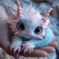 Wall Mural - A cute and fluffy creature with big blue eyes and a pink and blue fur coat is sitting in someone's hand. AI.