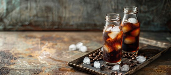 Aufkleber - Ice espresso coffee bottle and glass on a copy space image.