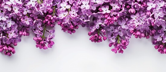 Poster - Top view of lovely lilac flowers on a white backdrop, with room for text in the copy space image.
