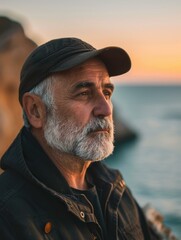 Wall Mural - Portrait of a contemplative senior man with a beard, wearing a cap, and looking out at the sea during the golden hour. AI.