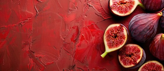 Poster - Close-up of ripe fresh figs on a reddish brown backdrop with copy space image.
