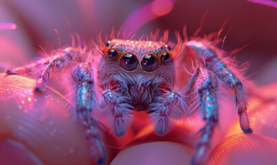 Poster - A close-up of a jumping spider with vibrant colors. AI.