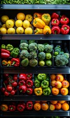 Wall Mural - A variety of colorful fruits and vegetables are arranged in a grocery store. AI.