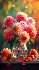 Wall Mural - Vibrant Dahlias in Glass Vase with Colorful Petals Against Natural Bokeh Background