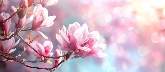 Aufkleber - Magnolia blossom on branch with soft pink petals set against a bright spring garden backdrop with copy space image.