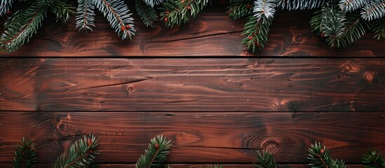 Sticker - Wooden Christmas background adorned with fir branches and favorable for inserting an image in the blank space provided. copy space available