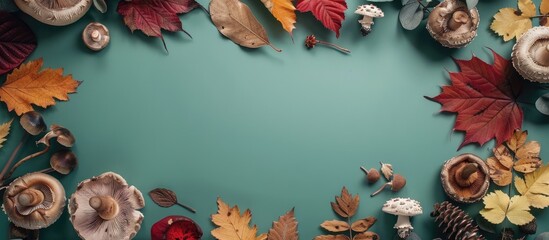 Poster - Top view flat lay with a frame crafted from autumn leaves and mushrooms on a soft green backdrop, ideal for a copy space image.