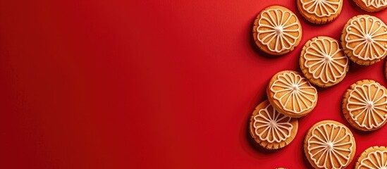 Poster - Top view closeup of patterned cookies on a red tablecloth with copy space image for background or seamless template.
