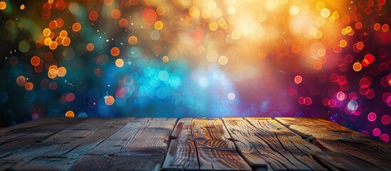 Aufkleber - Product displayed on a log wood tabletop with a colorful bokeh light background, ideal for showcasing with copy space image.
