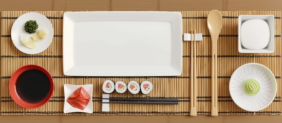 Poster - An arrangement of sushi tableware including a rectangular plate, saucer, ginger, wasabi, and chopsticks on a bamboo mat, suitable for a flat lay with space for addition of image elements