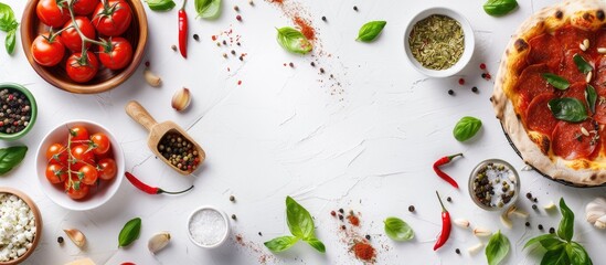 Poster - Fresh ingredients for making pizza on a white background with copy space image.