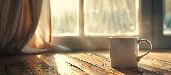 Aufkleber - Morning sunlight illuminates a white mug of hot coffee on a wooden table with a curtain in the background, creating a tranquil copy space image.