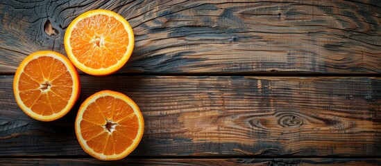 Poster - Oranges cut in half displayed on a rustic wooden table with copy space image.