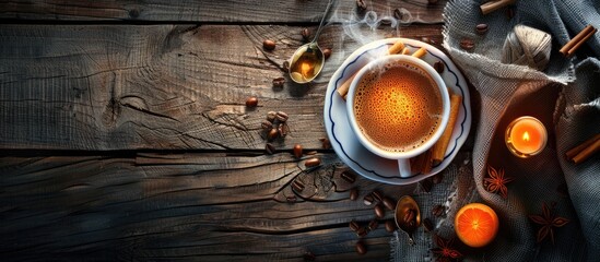 Poster - An arrangement of themed items surrounding a steaming cup of coffee on a rustic wooden table, creating an inviting composition with copy space image.