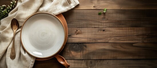 Poster - Top view of a wooden table set with an empty plate, fork, spoon, and tablecloth, creating a food display montage with a background as a template, allowing for text on the free copy space image.