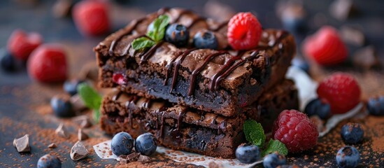 Poster - A tempting chocolate brownie with a delightful presentation, perfect for a copy space image.