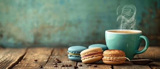 Poster - A coffee cup with steam, a spoon, and macaroon cookies arranged on a wooden surface, set against a softly blurred green backdrop for a vintage style, providing copy space.